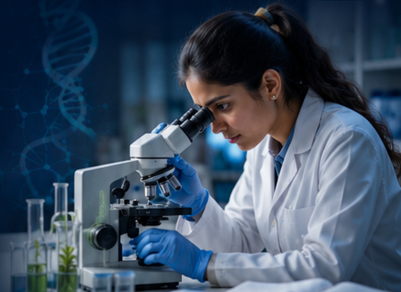 Biotechnology researcher working with a microscope